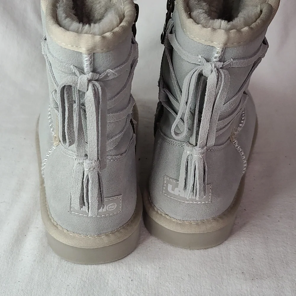 LAM Womens Light Blue Suede? Fur Lined Winter Boots Zips Lace-up Tassle Sz 6 EUC